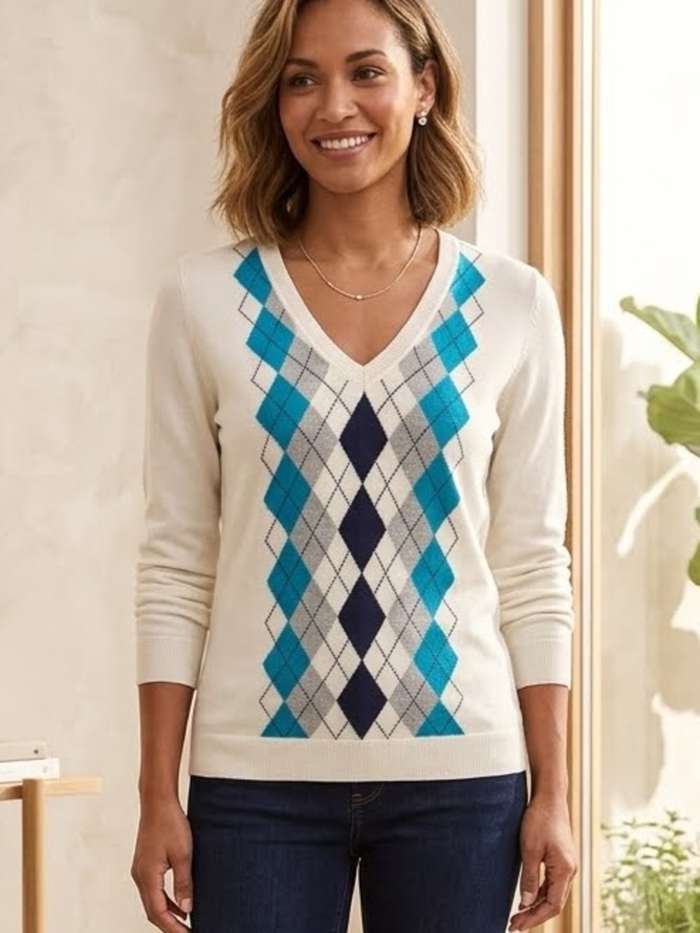 Tommy Hilfiger V-Neck Argyle Pima Cotton Preppy Golf Sweater
